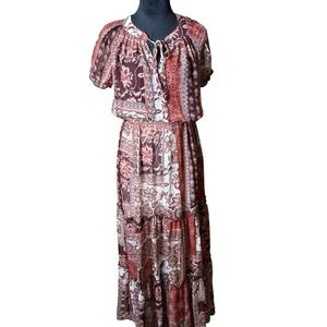 Kate and Lily Womens Maxi Dress Size 8 Brown Orange Floral Tie Neck Fall Boho